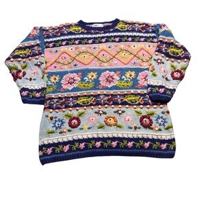 🧵✨ Jennifer Reed Hand-Knit Floral Boho‎ Sweater Size Small ✨🧵